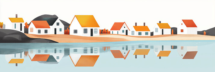 Wall Mural - illustration of small white and orange houses with yellow roofs on the shore, a lake in front of them with reflections in the water, generative AI