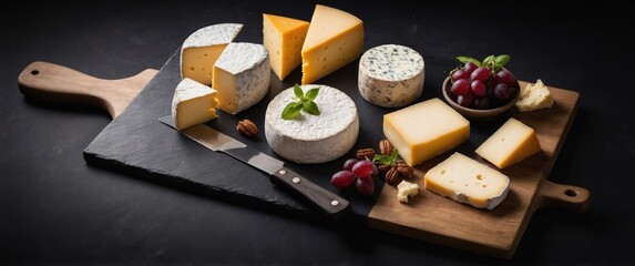 Gourmet cheese platter featuring assorted cheeses and grapes on a black background