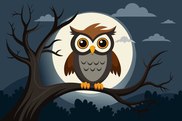 Wall Mural - A cute owl perched on a spooky tree branch vector illustration