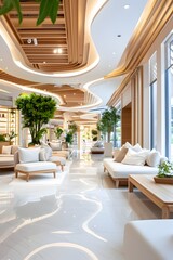 Poster - Modern Lobby Interior Design with White Sofa and Wooden Ceiling.