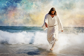 Wall Mural - Jesus miraculously walks on water across the sea