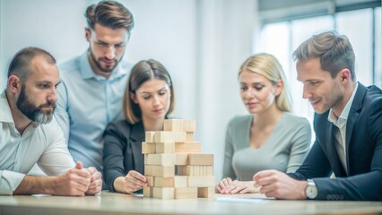 Wall Mural - Creative Corporate Brainstorming - Team members brainstorming with wooden blocks, indicating innovative ideas in the workplace.
