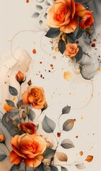 An elegant wedding card background with a sophisticated floral border of roses and leaves, gold lines, and a marble abstract background