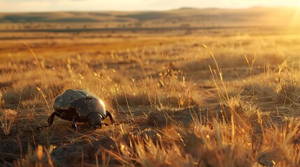 Wall Mural - A dung beetle rolling a formed ball of dung across a desolate savanna at dusk