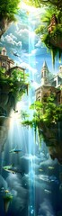 Wall Mural - Fantasy Underwater World with Floating Islands and Buildings.