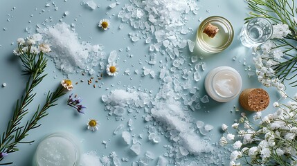 Wall Mural - A flat lay design of organic materials and skincare goods set on an icy backdrop