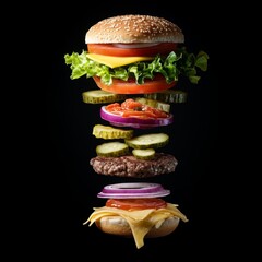 A delicious hamburger with all the fixings, including a beef patty, cheese, lettuce, tomato, onion, pickles, and ketchup, floating in mid-air against a black background.