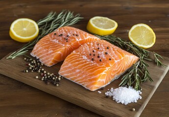 Two raw salmon fillets seasoned with salt and peppercorns on a wooden cutting board with lemon wedges and rosemary sprigs.