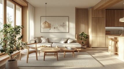 A stylish Scandinavian living room with sleek, modern furniture and light wood accents. The background is clear for text placement.