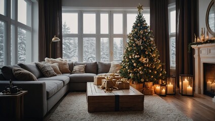 Christmas Home Interior with festive Christmas tree and gift boxes. Cozy living room with high window