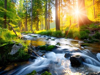 Canvas Print - Sunbeams Through the Trees on a Forest Stream.