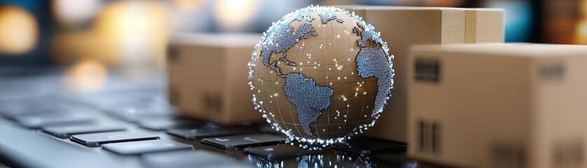 Close-up of a globe on a laptop keyboard with boxes, representing global shipping and online commerce.