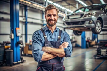 A man in a blue jumpsuit is posing for a picture in a car repair shop