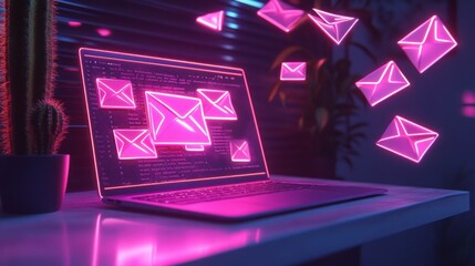 Neon Email Notifications on Laptop Screen