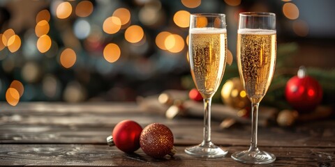 Elegant festive champagne glasses with Christmas baubles