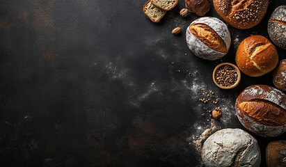 Wall Mural - various breads and loaves with wheat on top of a dark surface, product advertising, minimalistic, to