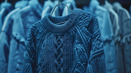 A indigo sweatshirt with cable weave on a shopping rack