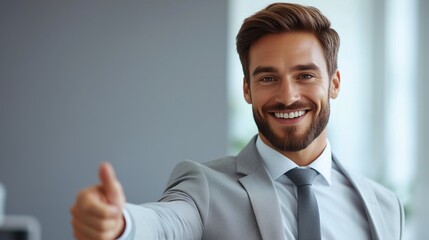 A man in business attire gives a thumbs up while smiling confidently