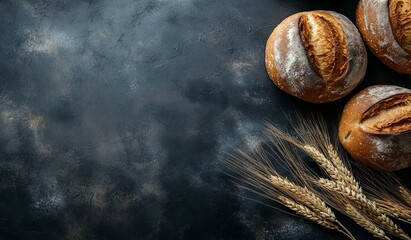 Wall Mural - various breads and loaves with wheat on top of a dark surface, product advertising, minimalistic, to
