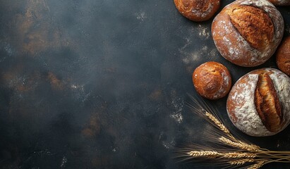 Wall Mural - various breads and loaves with wheat on top of a dark surface, product advertising, minimalistic, to