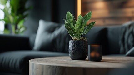 Wall Mural -  A potted plant atop a wooden table, near a black couch in a living room, by a window