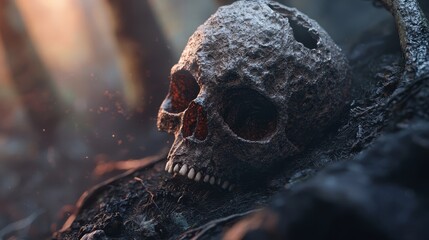  A tight shot of a flaming skull amidst a forest, its fiery maw aglow