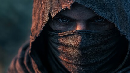 Wall Mural -  A tight shot of an individual wearing a hood and concealing their face with a scarf, as well as a cloth over their head