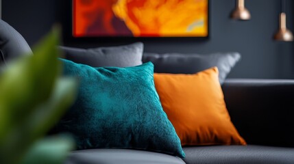 Canvas Print -  A room displays a couch generously adorned with pillows, a painting graces the wall, and a corner boasts a potted plant