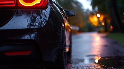 Wall Mural -  A tight shot of car tail lights glowing red on a rain-slicked road at night, surrounded by towering tree silhouettes against the dark backdrop