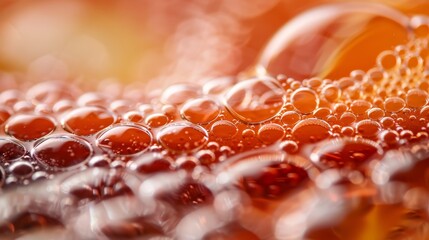 Wall Mural -  A tight shot of bubbles atop an orange-red object, backdrop softly blurred