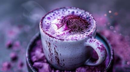 Sticker -  A tight shot of a coffee cup on a saucer, adorned with purple sprinkles around the rim