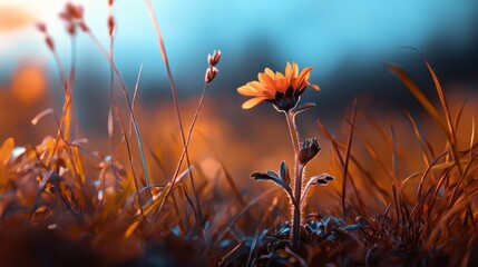 Canvas Print -  A tight shot of a solitary flower against a backdrop of tall grasses and a blue sky