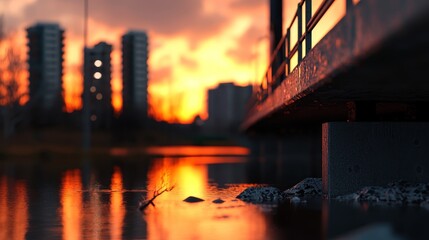 Wall Mural -  At sunset, a body of water is framed by buildings in the background The foreground showcases the water's serene reflection