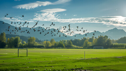 Canvas Print - A flock of birds fly over a green field