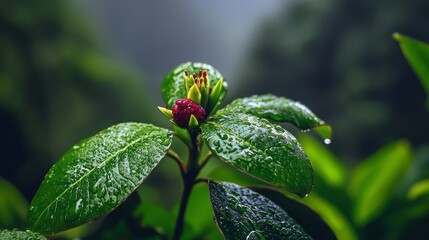 Sticker -  A tight shot of a green plant with a central red flower