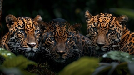  Three jaguarss stand together in a verdant forest, surrounded by an abundance of foliage and leaves