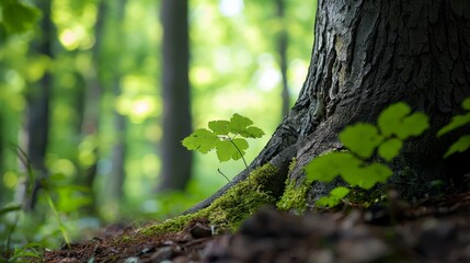 Wall Mural -  A tight shot of a tree in a forest, moss-covered ground beneath, tree trunk prominent in the foreground