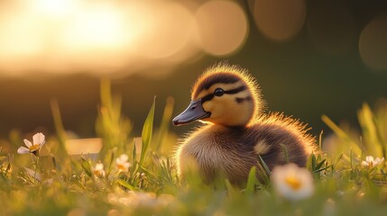 Wall Mural -  A duckling in grass amidst daisies, sunbeam behind