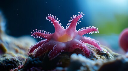 Wall Mural -  A tight shot of a pink sea anemone clinging to a rock, surrounded by other sea anemones in the background