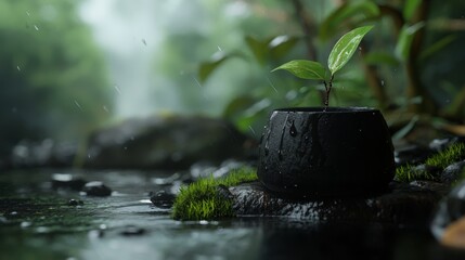 Canvas Print -  A small plant emerges from a pot in a stream, surrounded by grass and stones, with water flowing around it