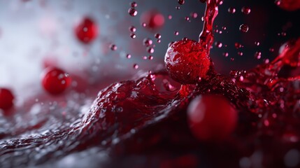 Poster -  A red liquid splatters onto a black-and-white backdrop, contrasting with the drops of water in the liquid below