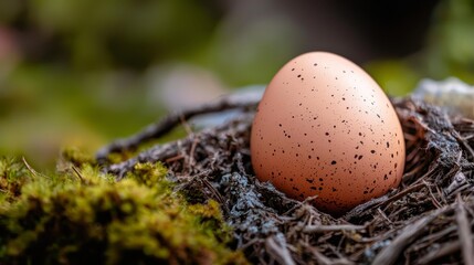 Poster -  A tight shot of a bird's egg in its nest, moss covering the surrounding ground