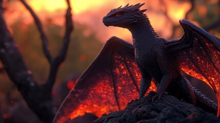 Canvas Print -  A dragON figurine atop a rock against a sunSET backdrop Trees in the foREground