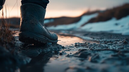 Wall Mural -  A person's foot submerged in a puddle, snow-covered ground beneath, mountain backdrop