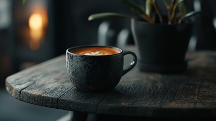 Sticker -  A cup of coffee atop a wooden table, nearby, a potted plant also sits