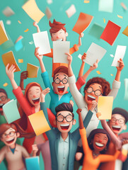 Wall Mural - A group of people holding floating meeting agendas with joyful expressions in a 3D flat icon concept on a dreamy background, symbolizing a well organized and happy meeting.