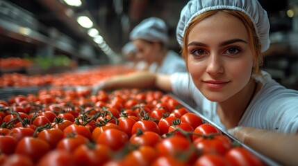 Canvas Print - A woman is standing in front of a pile of tomatoes