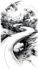 Canvas Print - Abstract Landscape with Winding Road and Mountains.