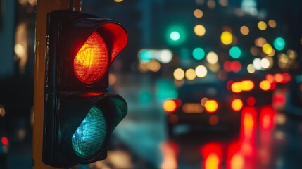 Aufkleber - A close-up of a traffic light changing from red to green, with cars waiting at the red light and the street scene in the background showing busy urban activity