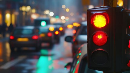 Aufkleber - A close-up of a traffic light changing from red to green, with cars waiting at the red light and the street scene in the background showing busy urban activity
